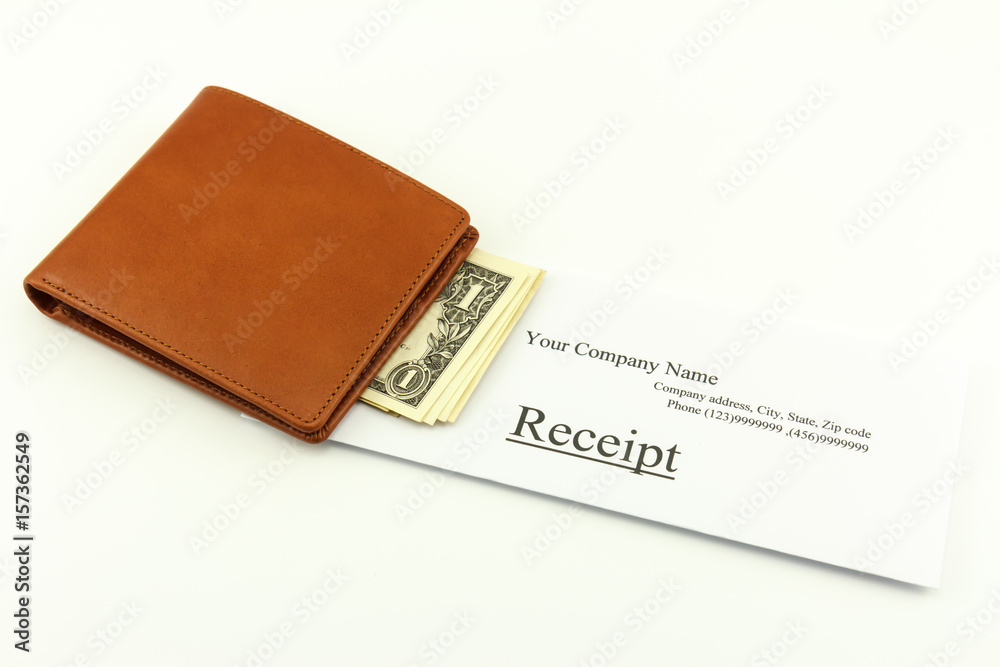 Brown wallet cash with receipt on a white background Brown wallet cash with receipt on a white background