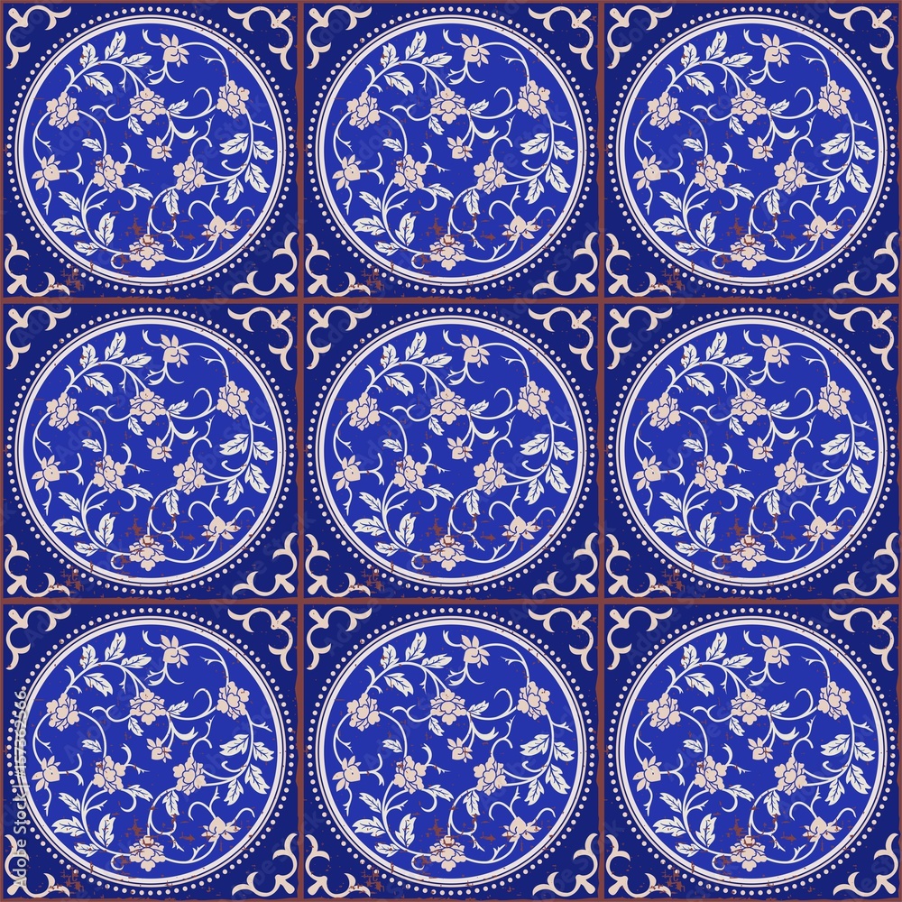 Gorgeous seamless pattern of Chinese tiles. Floral stylish background in shades of blue