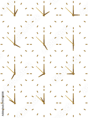 A set of mechanical clocks with an image of each of the twelve hours. Clock face on white background.
