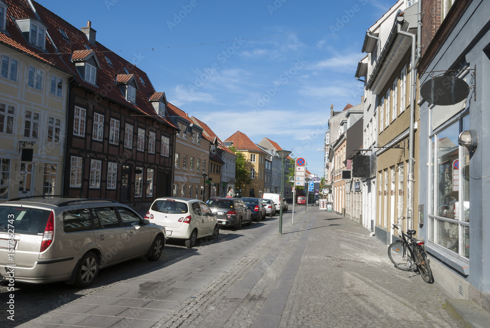 Odense Denmark old street with shops