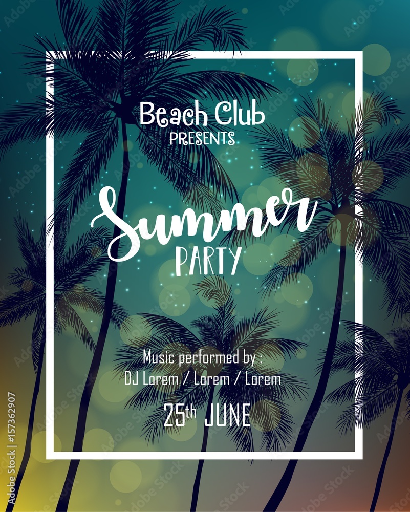 Naklejka premium Summer party poster design template with palm trees