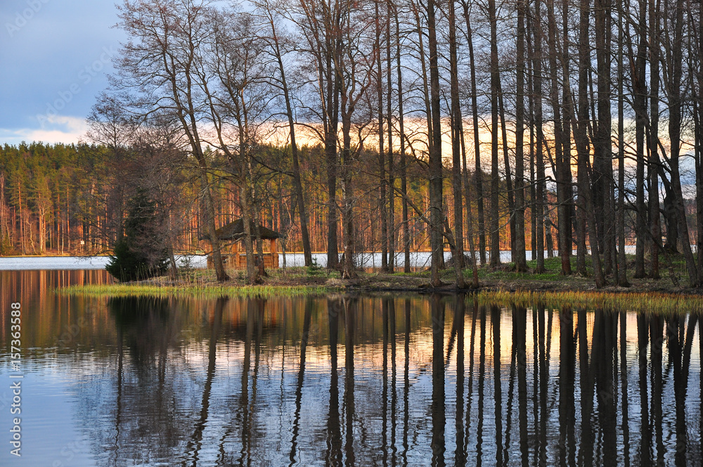 Fototapeta premium Wooden pavilion in the forest on the lake shore, reflecting in water