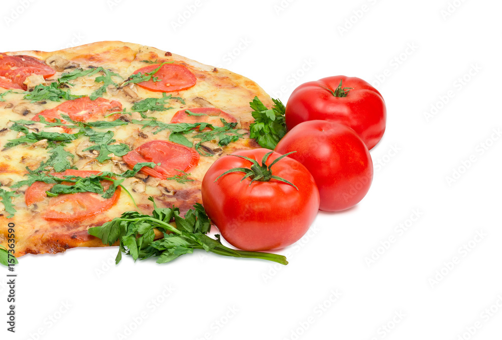 Fragment of cooked pizza and tomatoes