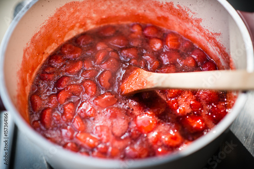 Close up of a simmering homemade strawberry jam.
