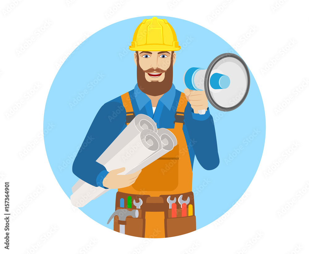 Worker with loudspeaker holding the project plans Worker with loudspeaker holding the project plans