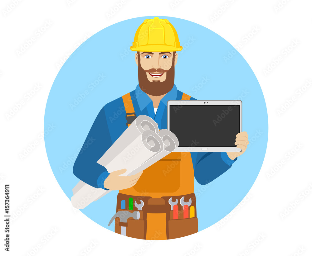 Worker holding the project plans and showing blank digital tablet PC Worker holding the project plans and showing blank digital tablet PC
