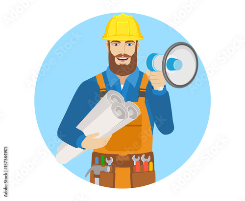 Worker with loudspeaker holding the project plans