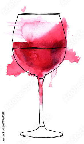 Vector and watercolor drawing of glass of red wine