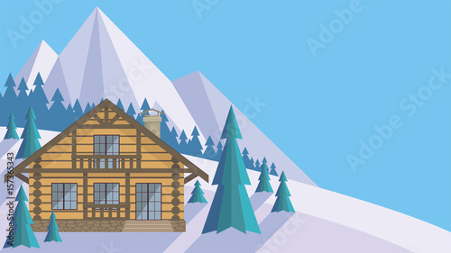 The image of a chalet in snowy mountains. Beautiful winter landscape. Vector background.