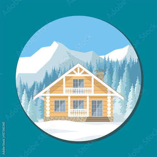 The image of a chalet in snowy mountains. Beautiful winter landscape. Vector background.