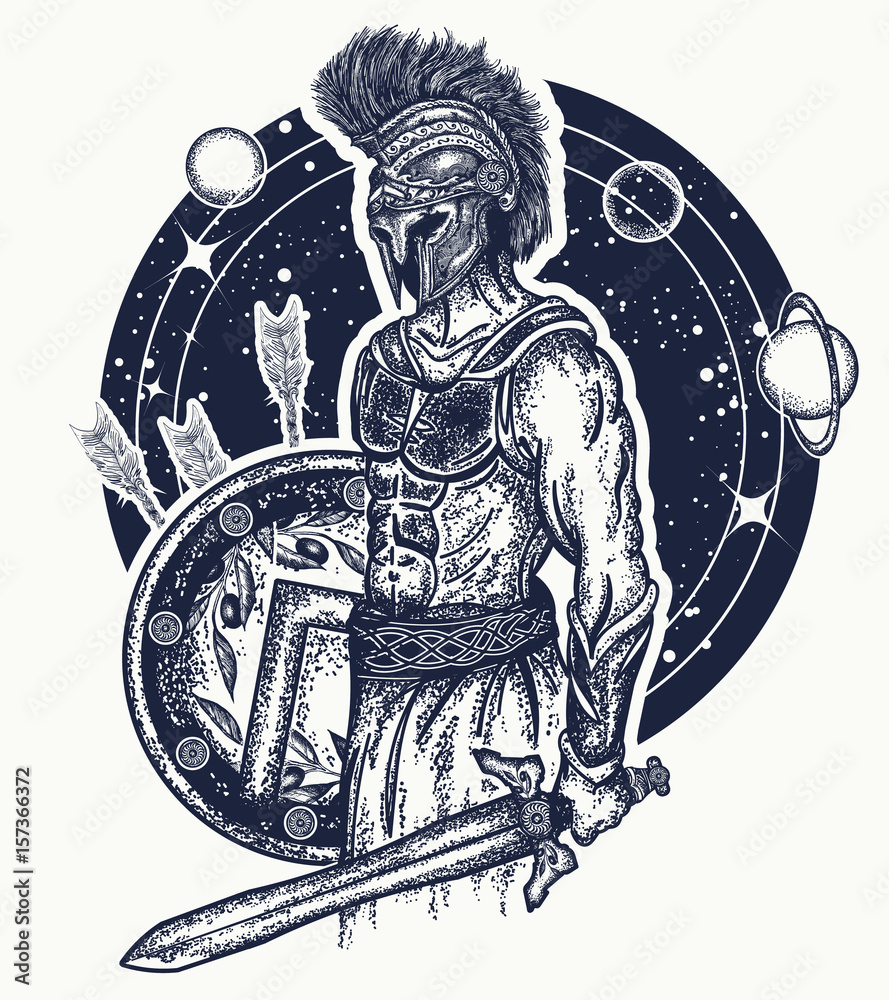 Gladiator spartan warrior holding sword and shield tattoo art. Symbol of  bravery, force, army, hero. Spartan warrior t-shirt design. Legionary of  ancient Rome and ancient Greece Stock Vector | Adobe Stock