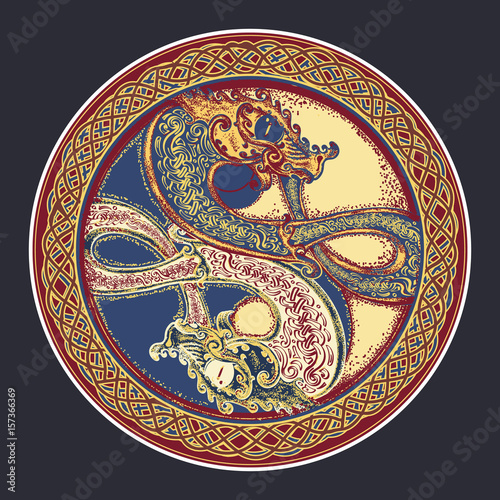 Two Dragons in the Celtic style, color tattoo. Black Dragon in Yin yang t-shirt design. Meditation, philosophy, harmony symbol