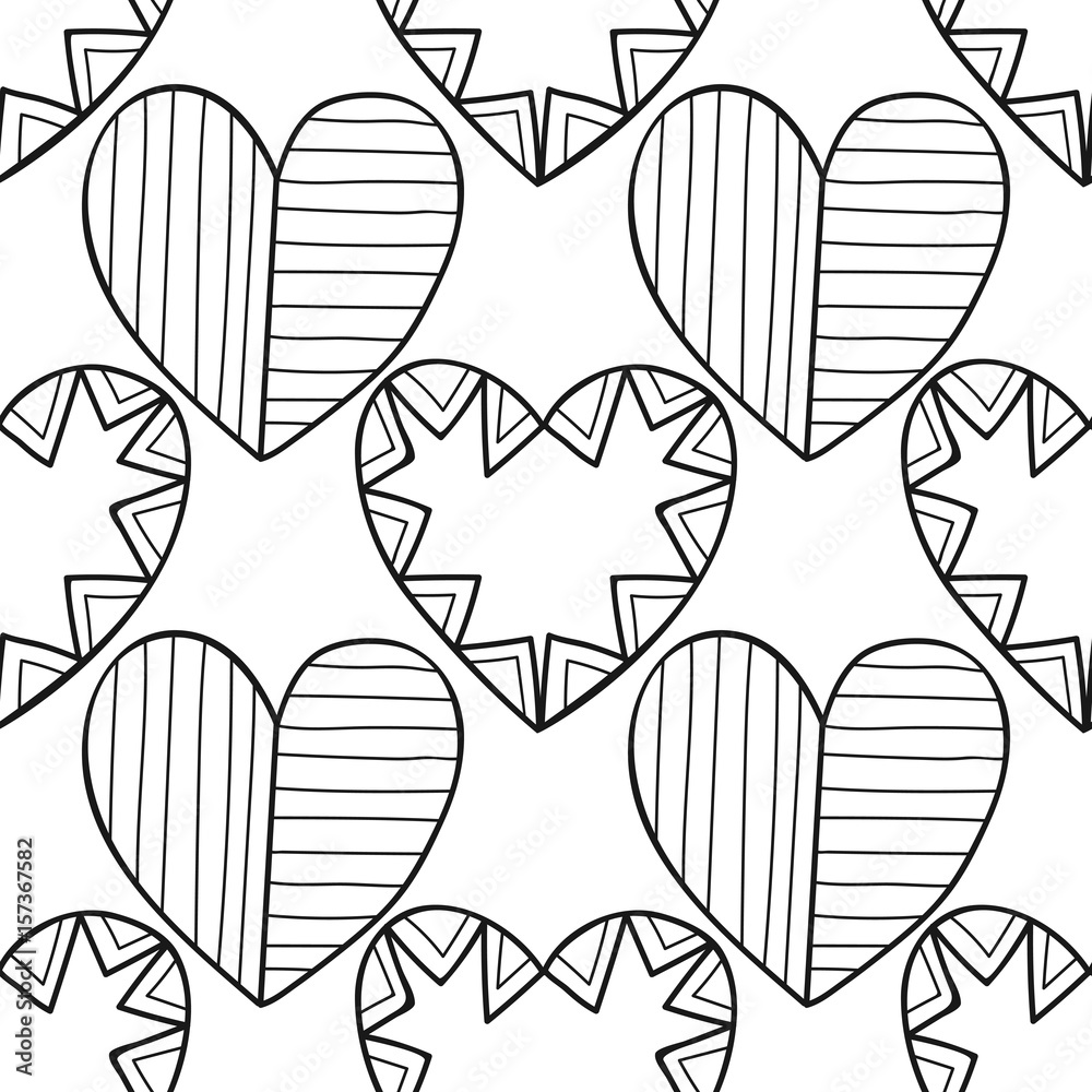 Decorative hearts. Black and white seamless illustration, pattern for coloring book, page Decorative hearts. Black and white seamless illustration, pattern for coloring book, page