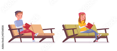 Teenager boy and girl reading
