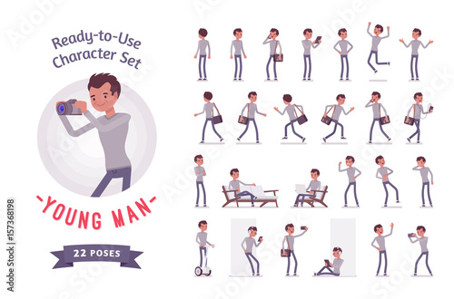 Ready-to-use young man character set, various poses and emotions
