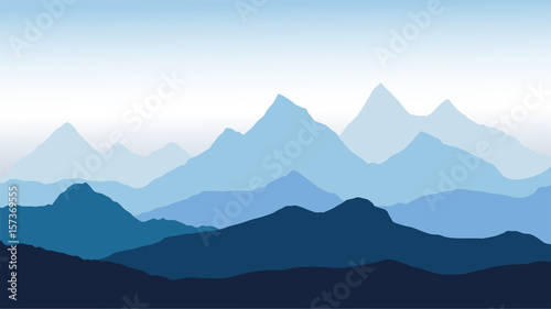 panoramic view of the mountain landscape with fog in the valley below with the alpen glow blue sky - vector