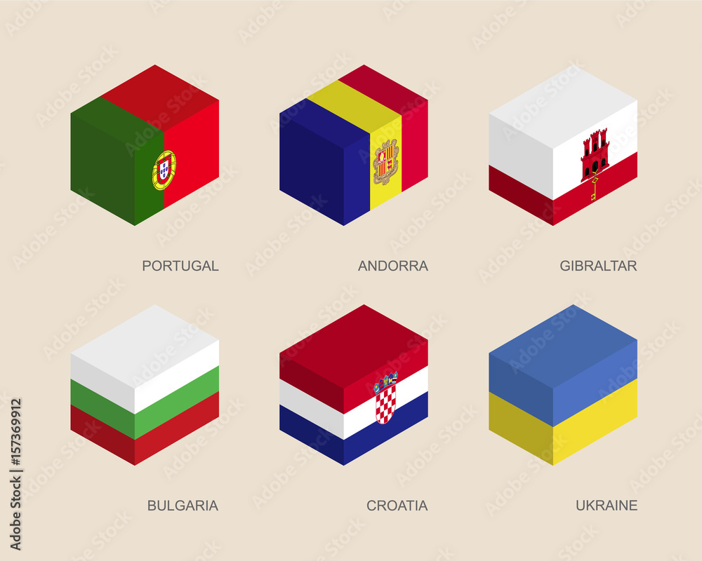 Isometric boxes with flags of European countries Isometric boxes with flags of European countries