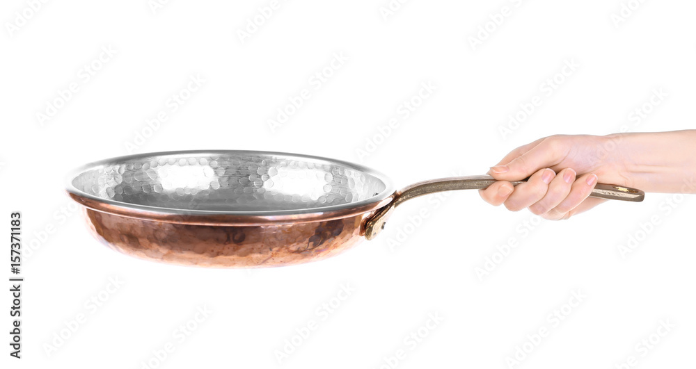 Woman holding frying pan for cooking classes on white background Woman holding frying pan for cooking classes on white background