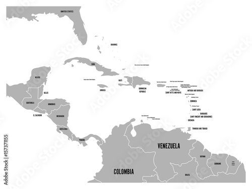 Central America and Carribean states political map in grey with black country names labels. Simple flat vector illustration.