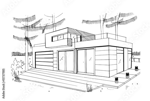 Modern private residential house. Hand drawn, contour, black and white sketch illustration.