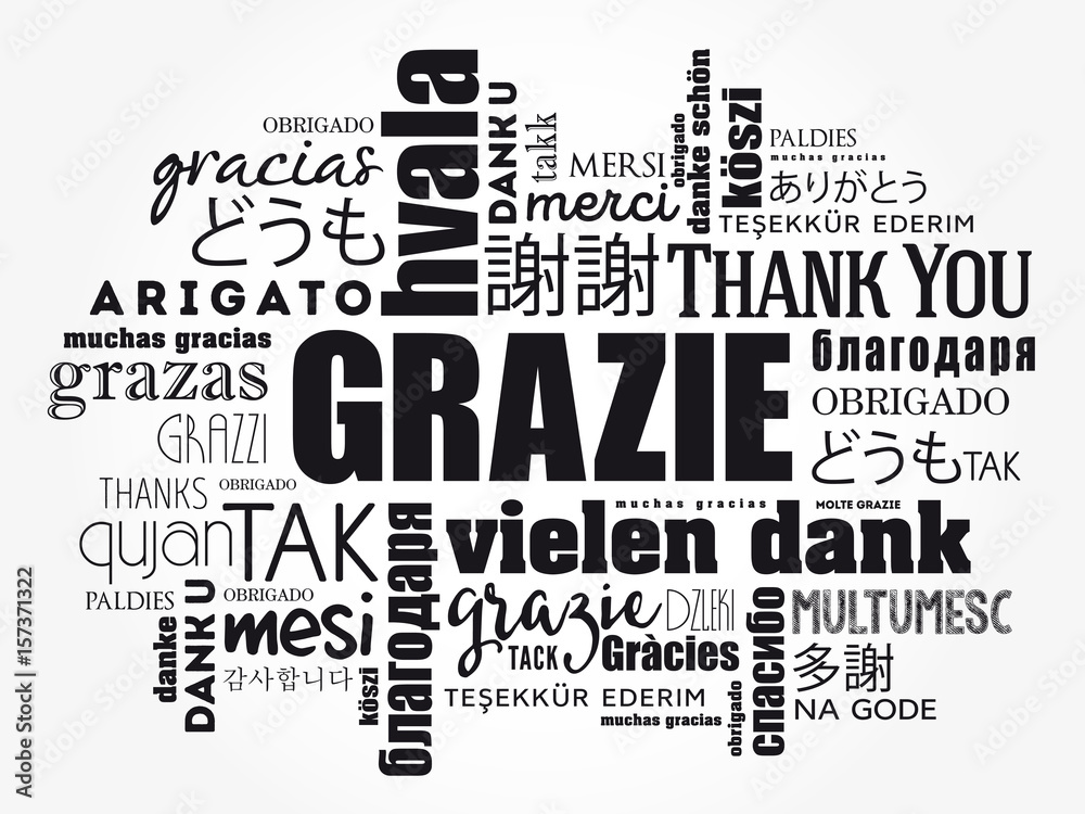 Grazie (Thank You in Italian) Word Cloud background, all languages, multilingual for education or thanksgiving day