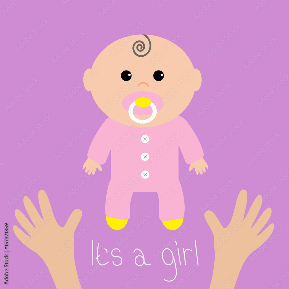 Baby shower card. It's a girl. Two human hands. Mother care. Flat design style. Purple background. Isolated. Baby shower card. It's a girl. Two human hands. Mother care. Flat design style. Purple background. Isolated.