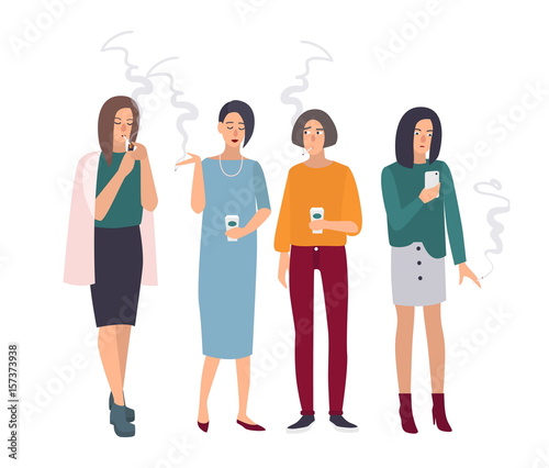 Smoking room. Girls on smoke break. Woman with cigarettes. Vector illustration in flat style.