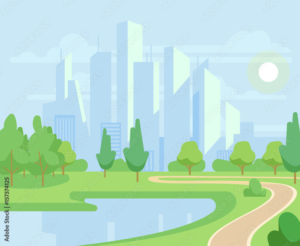 Spring or summer nature and green trees in city park with urban skyline ...