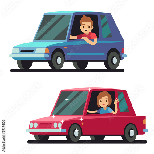 Young happy man and woman driver driving cars flat vector concept