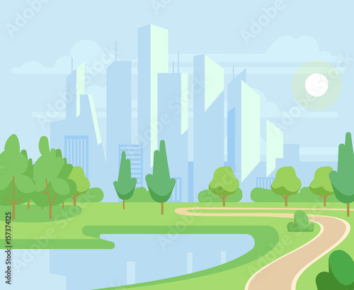 Spring or summer nature and green trees in city park with urban skyline vector illustration