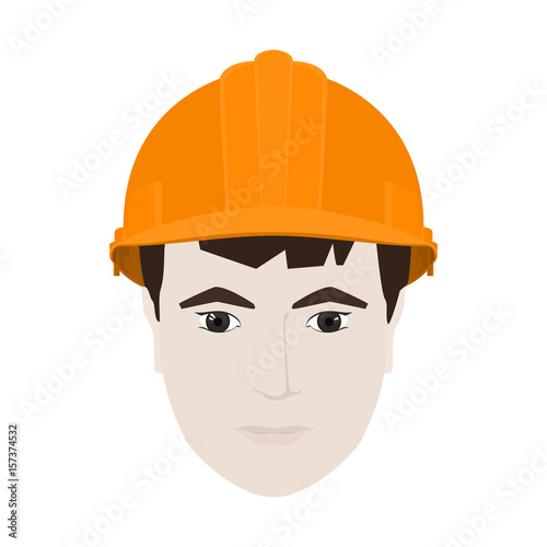 Working Man in a Hard Hat, Man's Face in Orange Safety Helmet on White Background , Vector Illustration