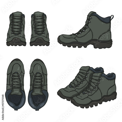 Vector Set of Cartoon Gray Extreme Hiking Boots.