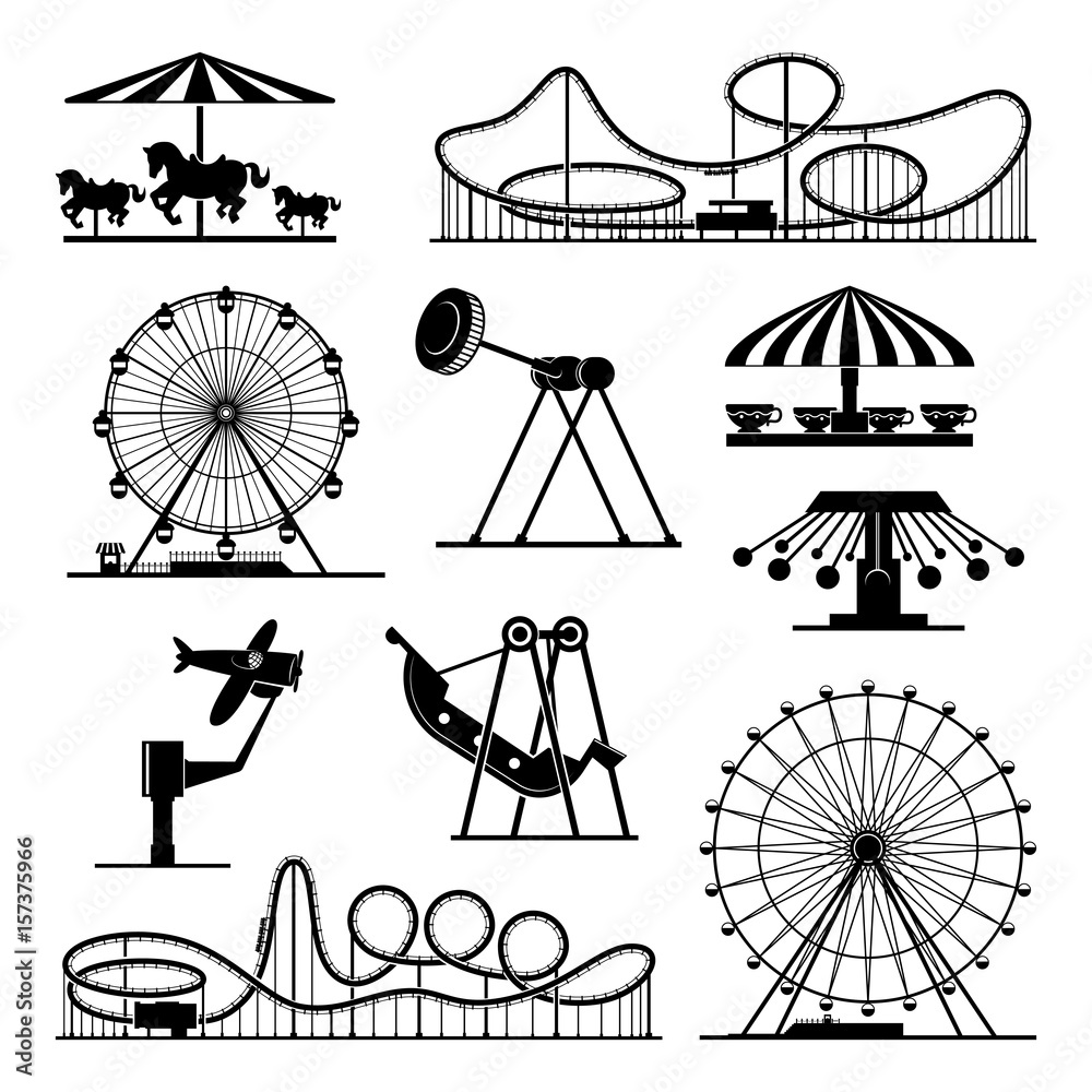 Vector icons of different attractions in amusement park