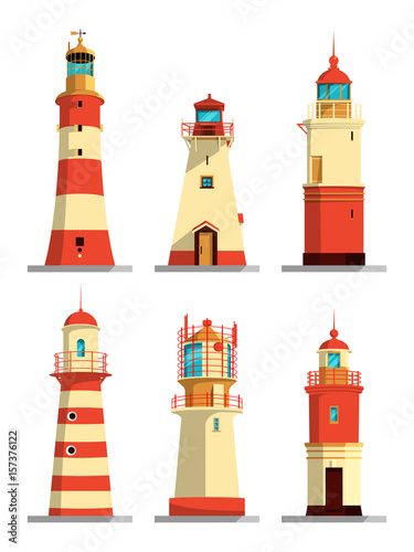 Lighthouses in different styles. Vector cartoon illustrations set