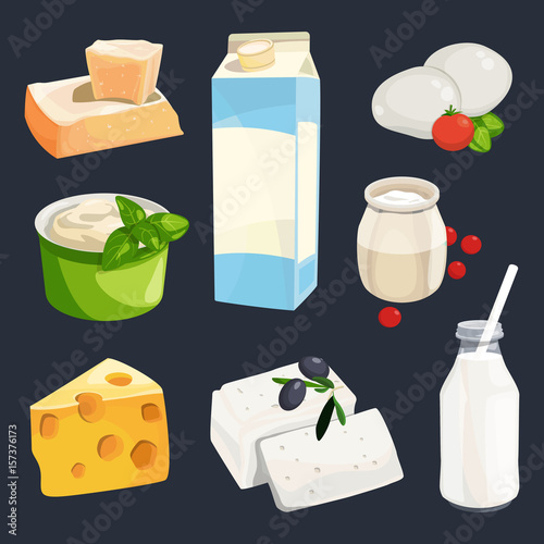 Vector illustration of different milk products. Cartoon style pictures isolate on white