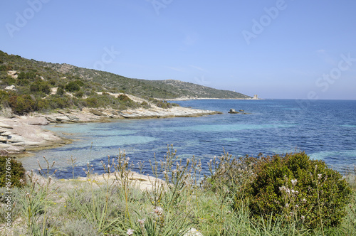 azure sea water and coast near Saint Florent, from roya beach to lotu beach, Corsica island, France