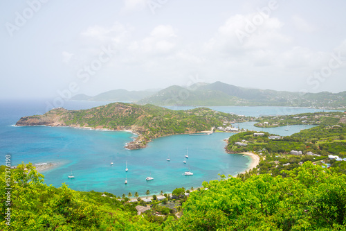 Antigua, Caribbean islands, English harbour view with Freeman’s bay and yachts anchored by the beach 