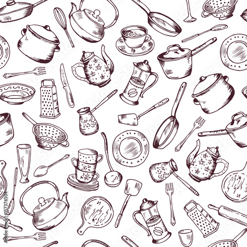 Kitchen cooking elements seamless pattern. Vector background
