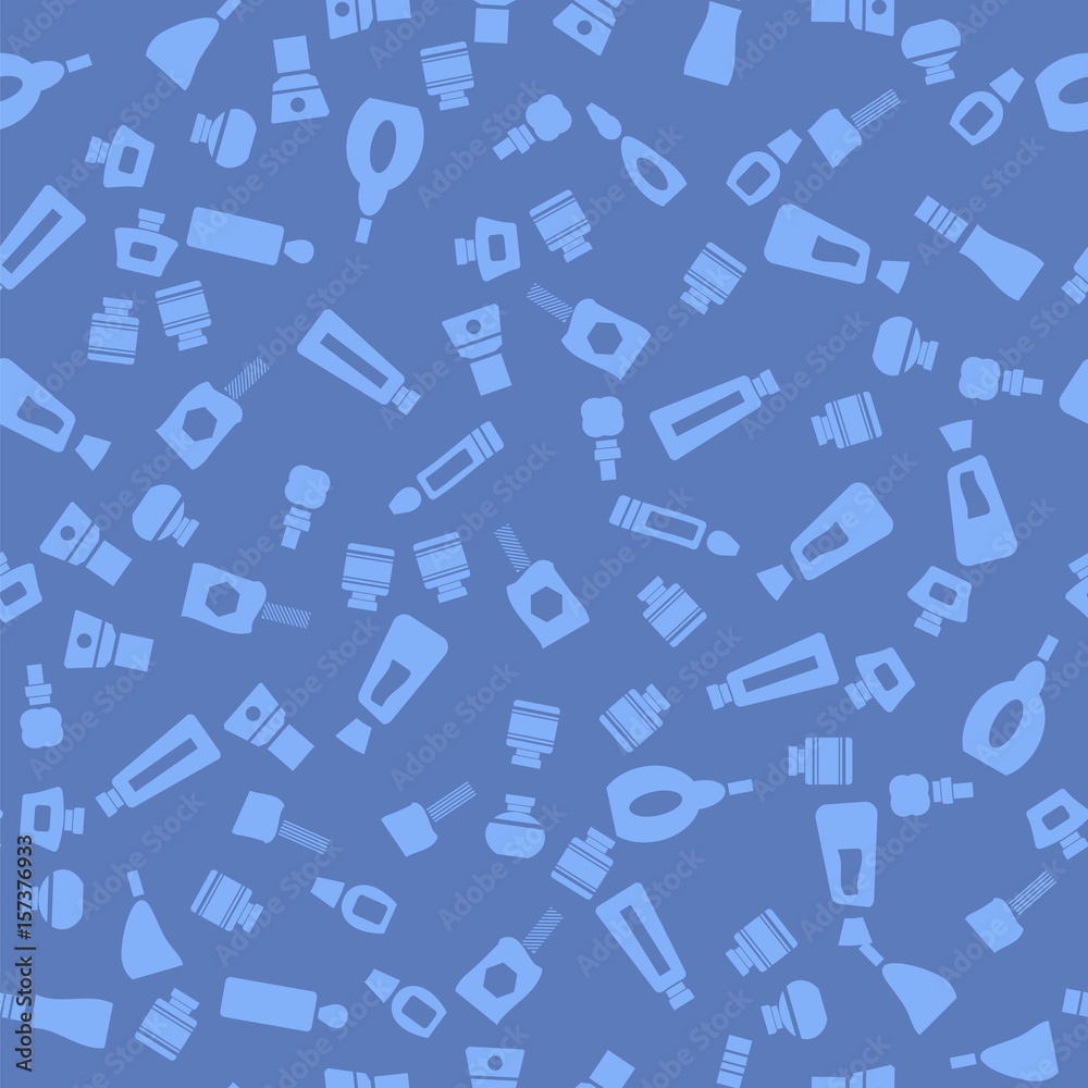 Glass Cosmetic Bottles Seamless Pattern Isolated on Blue Background