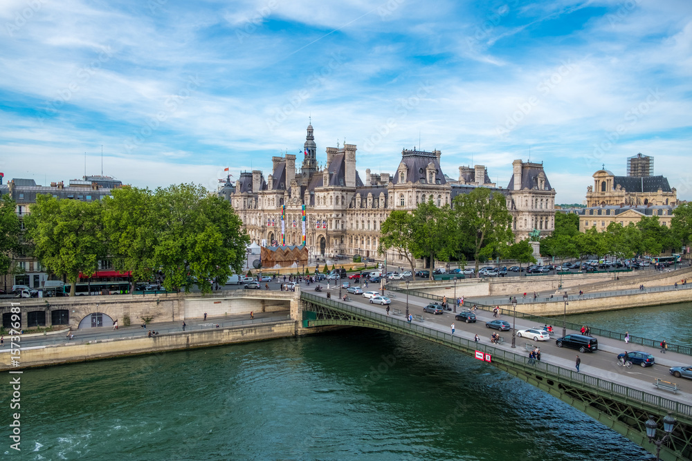 City Hall and Pont d'Arcole in Paris at Sunset from Hotel Dieu