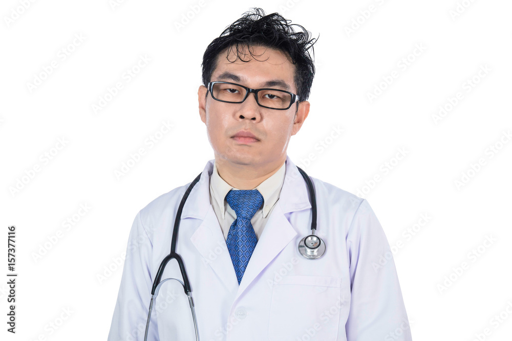 Asian Chinese male frustrated doctor with stethoscope Asian Chinese male frustrated doctor with stethoscope
