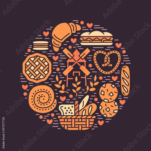 Bakery, confectionery poster template. Vector food glyph icons, circle illustration of sweets, pretzel, croissant muffin pastry, cupcake, pie, mill. Bread house products banner dark background.