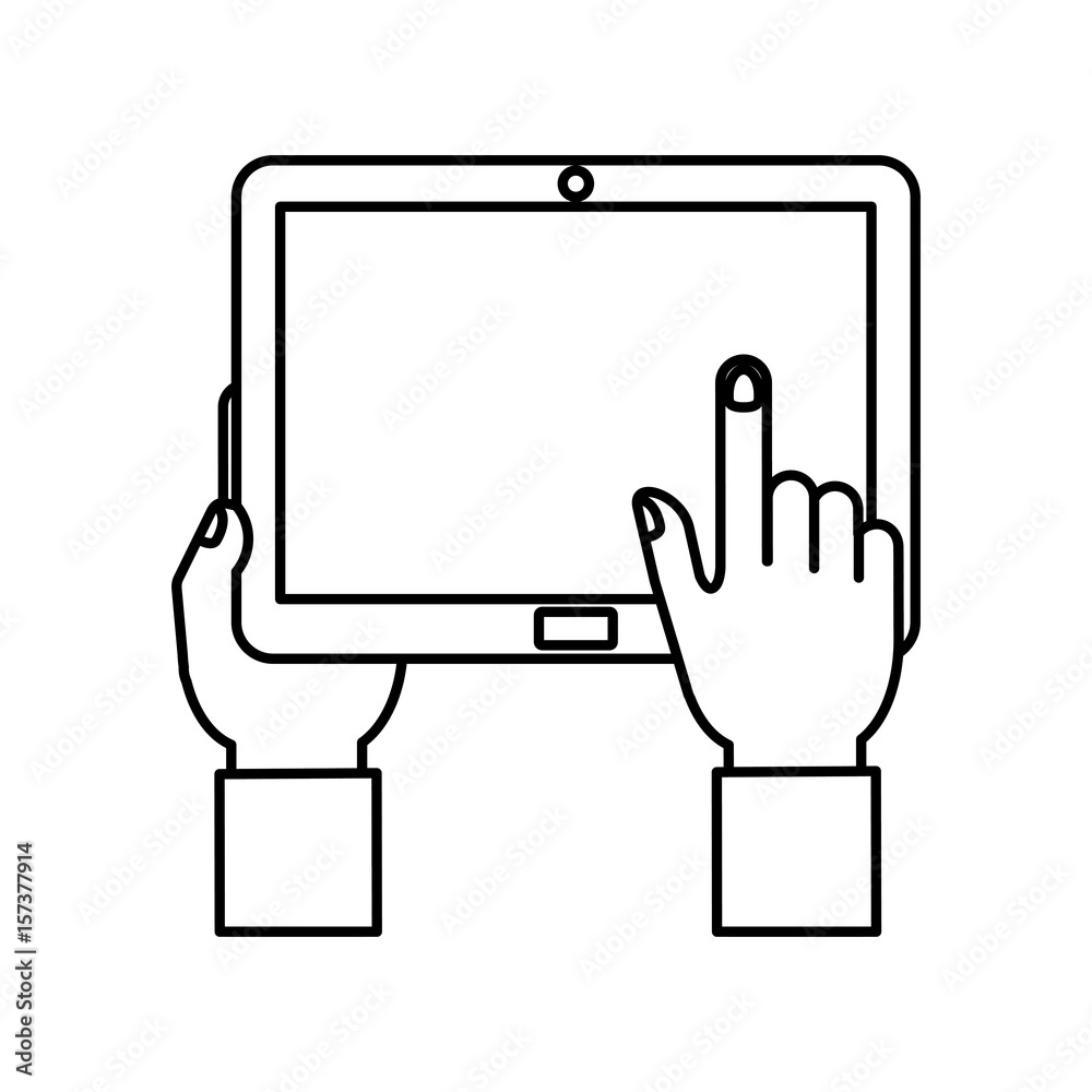 Obraz premium hands holding a tablet device icon over white background. vector illustration