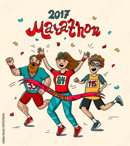 Man, teenager and woman runner cross the finish line. Cartoon style. Marathon 2017.