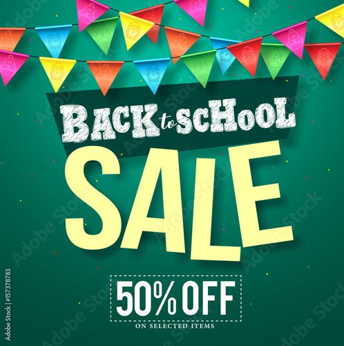 Back to school sale vector design with colorful streamers  hanging and sale text in green background for educational promotion. Vector illustration.

