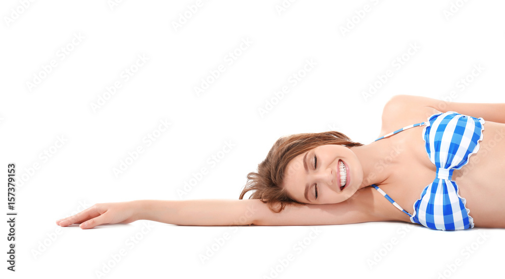Fototapeta premium Beautiful young woman in swimsuit on white background