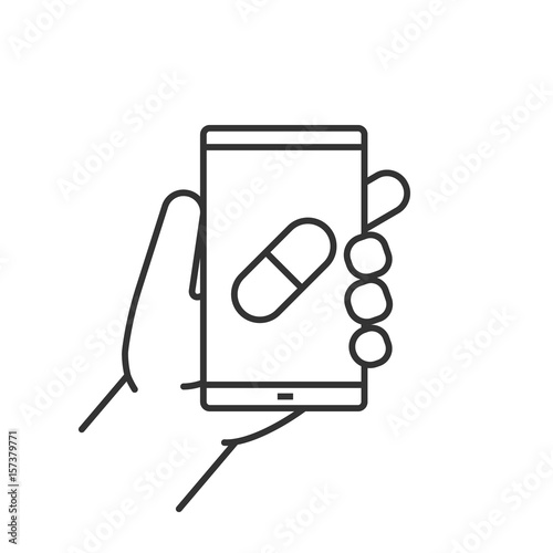Hand holding smartphone linear icon