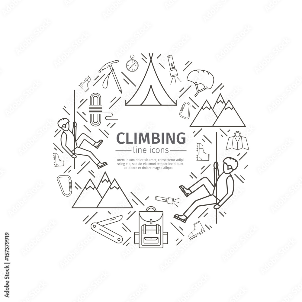 Rock-climbing web banner, sports equipment. Advertising template.