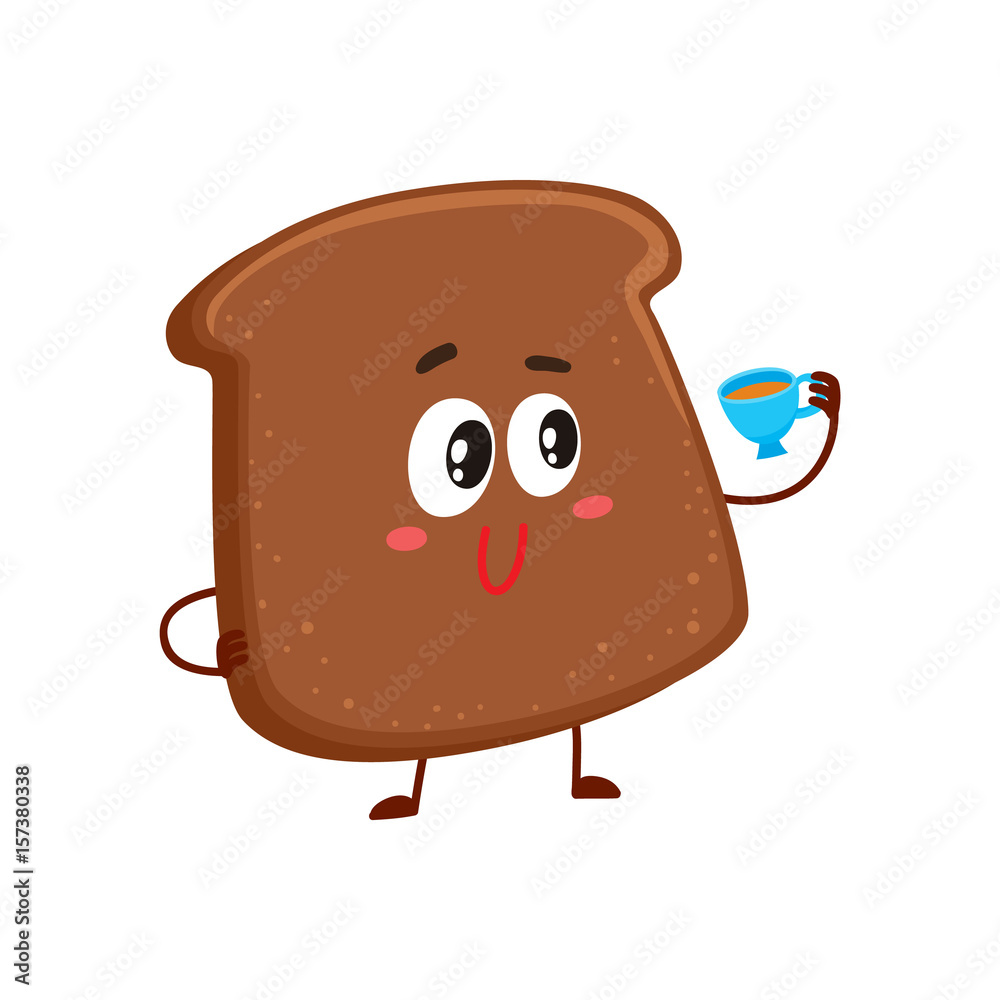 Funny dark, brown bread slice character with smiling human face drinking tea, cartoon vector illustration isolated on a white background. Brown bread slice character, mascot holding tea cup Funny dark, brown bread slice character with smiling human face drinking tea, cartoon vector illustration isolated on a white background. Brown bread slice character, mascot holding tea cup