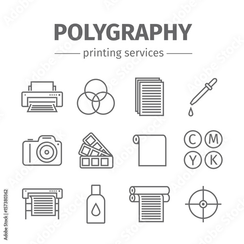 Printing polygraphy line icons set.